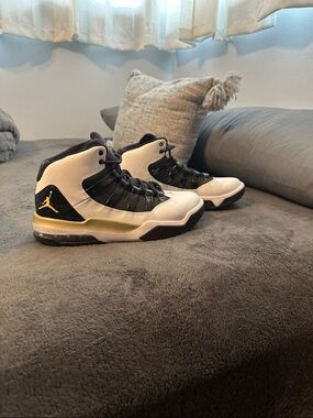 Jordan High-Top Basketball Sneakers in White, Black & Gold